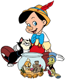 Pinocchio with Jiminy, Figaro and Cleo