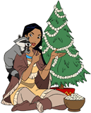 Pocahontas decorating Christmas tree with Meeko