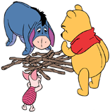 Winnie the Pooh, Piglet and Eeyore staring at Eeyore's fallen house of sticks