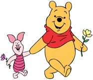Winnie the Pooh and Piglet holding flowers