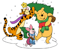 Tigger, Pooh and Eeyore bringing home their Christmas trees