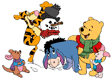 Winnie the Pooh, Piglet, Tigger, Eeyore, Roo building snowman
