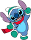 Stitch wearing winter scarf, hat and boots