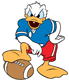 Donald Duck standing with foot on football