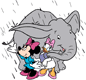Minnie, Daisy seeking shelter from the rain under an elephant