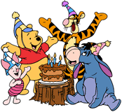 Winnie the Pooh, Tigger, Piglet and Eeyore celebrating a birthday