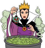 The Evil Queen holding the poisoned apple over the bubbling cauldron