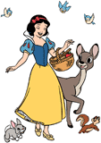 Snow White laughing with animals in the wood, a basket on her arm