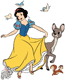 Snow White walking alongside forest animals