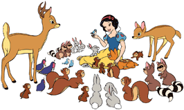 Snow White with deers, birds, rabbits, racoons, quails, squirrels and chipmunks