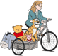 Madeline widing her bicycle with Winnie the Pooh, Piglet, Tigger and Eeyore