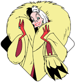 Cruella De Vil luxuriating in her fur coat