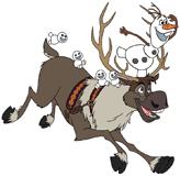 Olaf riding Sven with the Snowgies