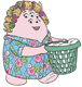 Mrs. Squibbles carrying laundry basket