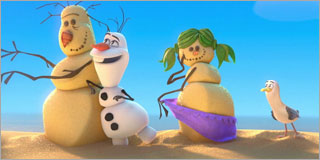Olaf hugging a sandman
