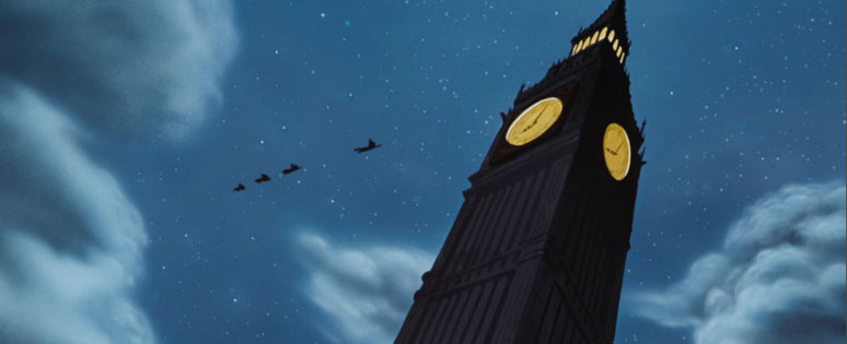 Peter Pan & the Darlings flying towards Big Ben across the London sky