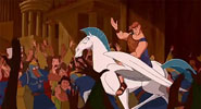 Hercules riding Pegasus through crowd