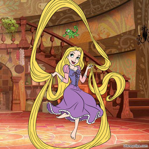 Rapunzel skipping with Pascal in her tower